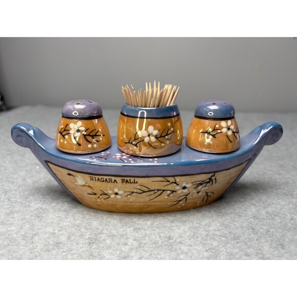 Niagara Falls Lusterware Salt & Pepper Shaker Boat Set with Toothpick Holder - Picture 11 of 11
